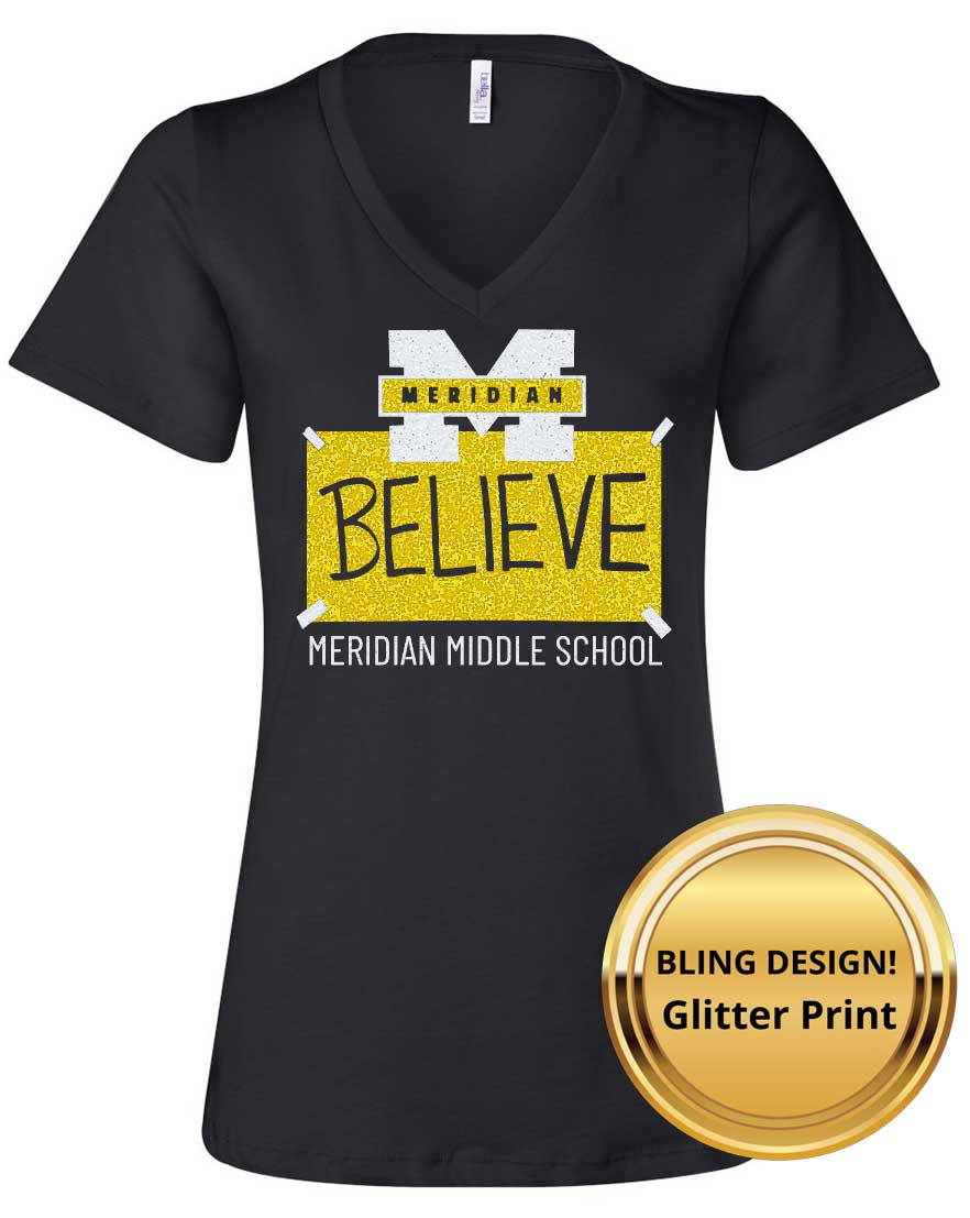 MMS BELIEVE - glitter bling women's relaxed fit v-neck tee