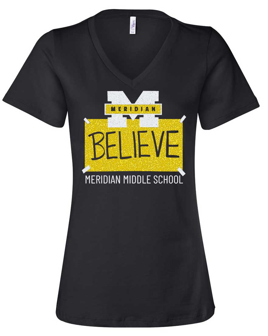 MMS BELIEVE - glitter bling women's relaxed fit v-neck tee