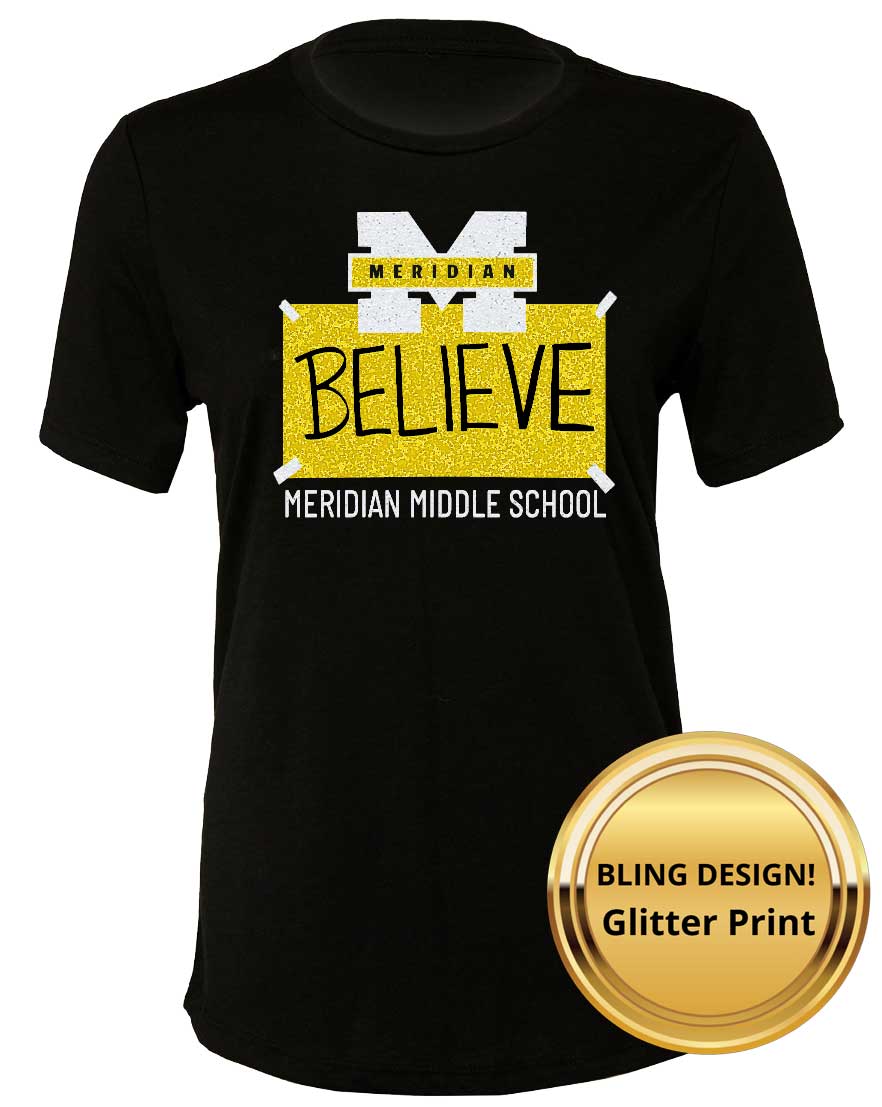 MMS BELIEVE - glitter bling women's relaxed fit crew neck tee
