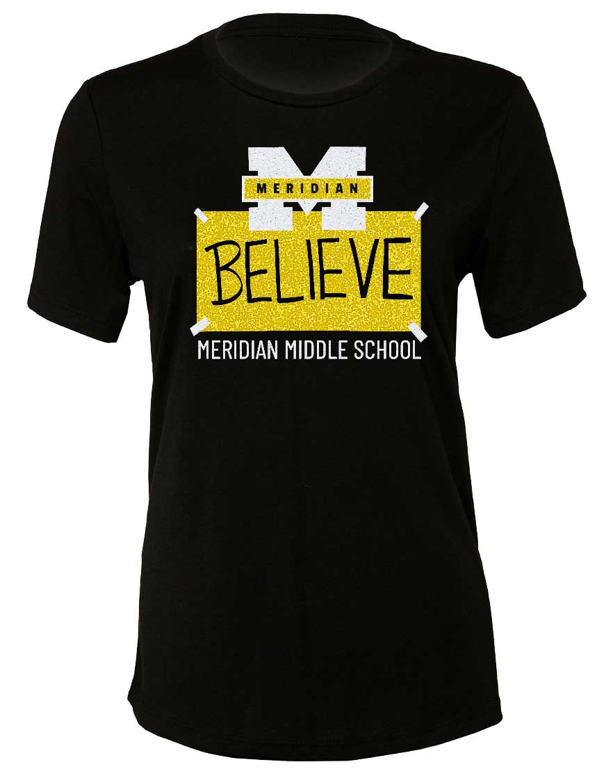 MMS BELIEVE - glitter bling women's relaxed fit crew neck tee