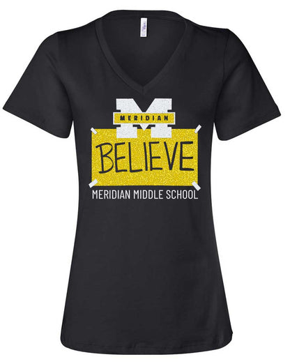 MMS BELIEVE - glitter bling women's relaxed fit v-neck tee