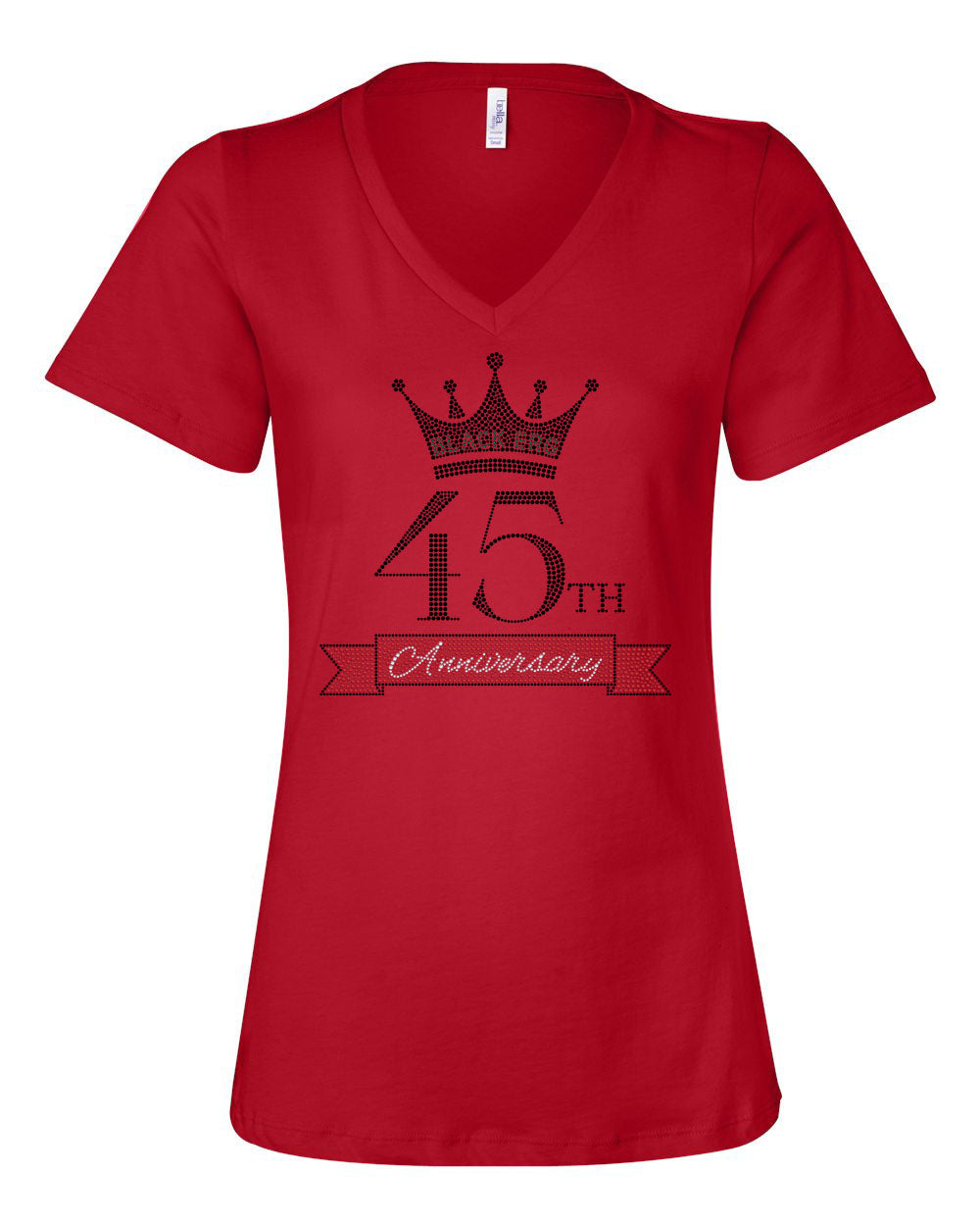 Black ERG 45th Anniversary Rhinestone Women's Relaxed Fit V-neck, Red