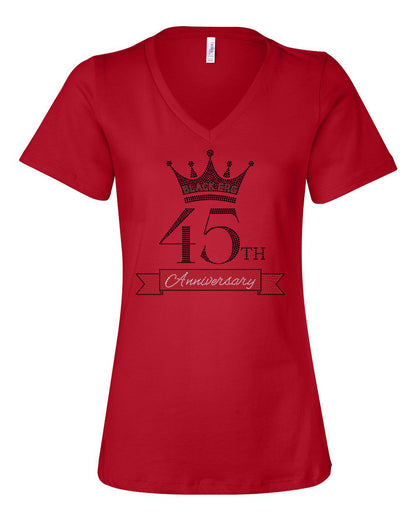 Black ERG 45th Anniversary Rhinestone Women's Relaxed Fit V-neck, Red