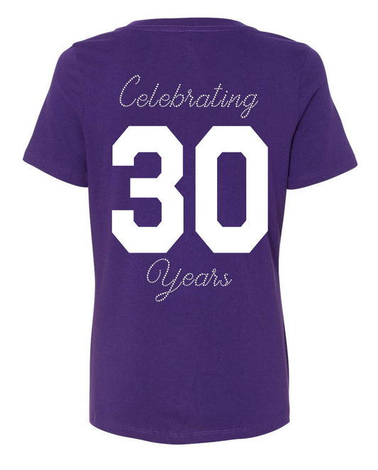 Body By Leverett - Celebrating 30 Years Rhinestone Women's Relaxed Fit V-neck, Team Purple