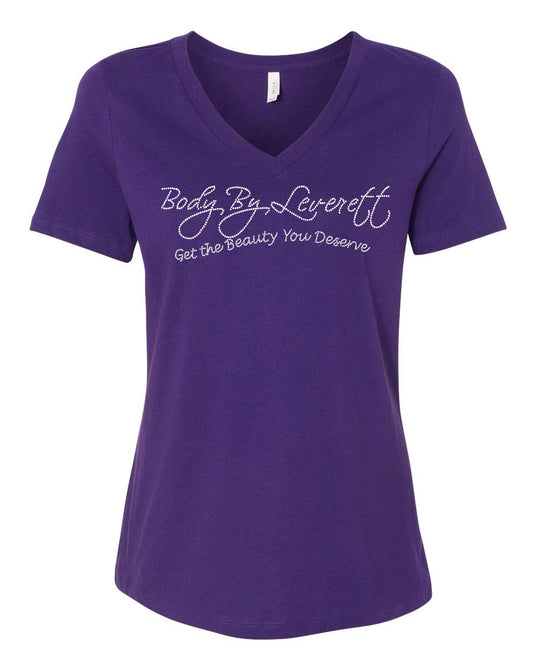 Body By Leverett - Celebrating 30 Years Rhinestone Women's Relaxed Fit V-neck, Team Purple