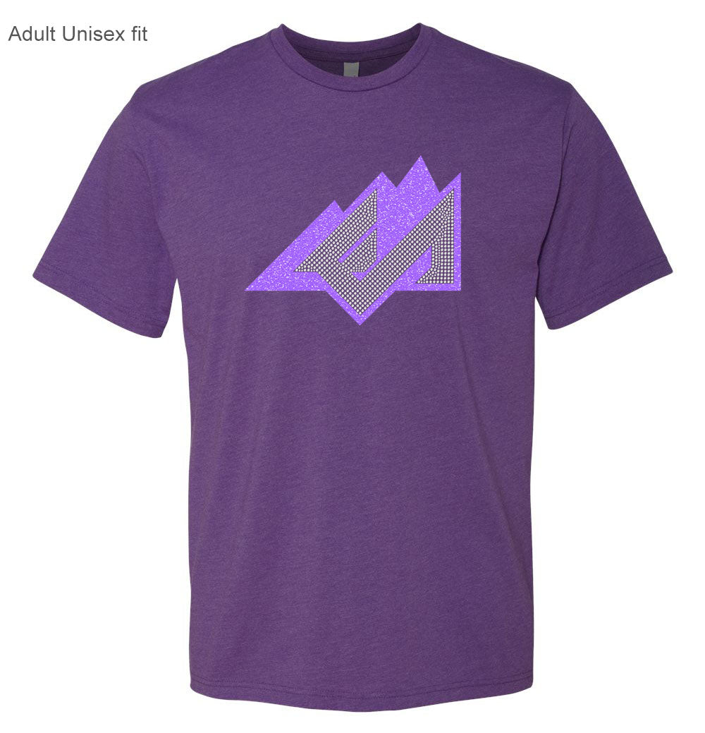 EA "Mountains" T-Shirt, Bling purple crew neck - glitter plus rhinestones