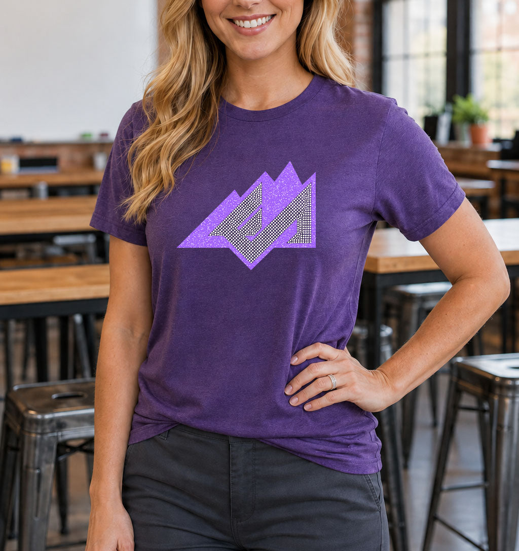 EA "Mountains" T-Shirt, Bling purple crew neck - glitter plus rhinestones